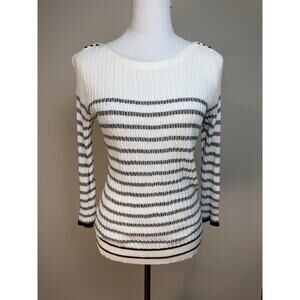 LOFT Women's Striped Knit Sweater Sz L Black White Crew Neck Classic Pullover